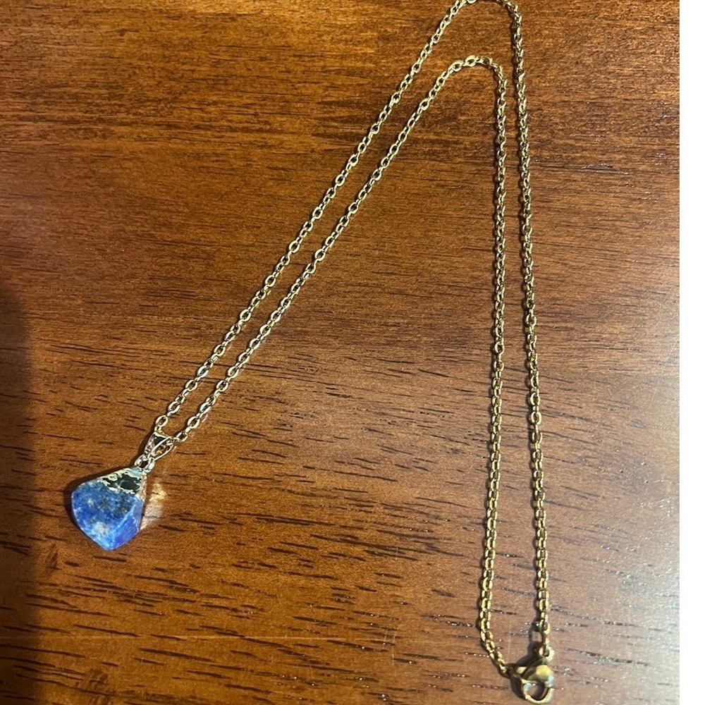 Natural Lapis Lazuli Raw Stone Pendant Necklace Gold Stainless Steel 50cm Chain